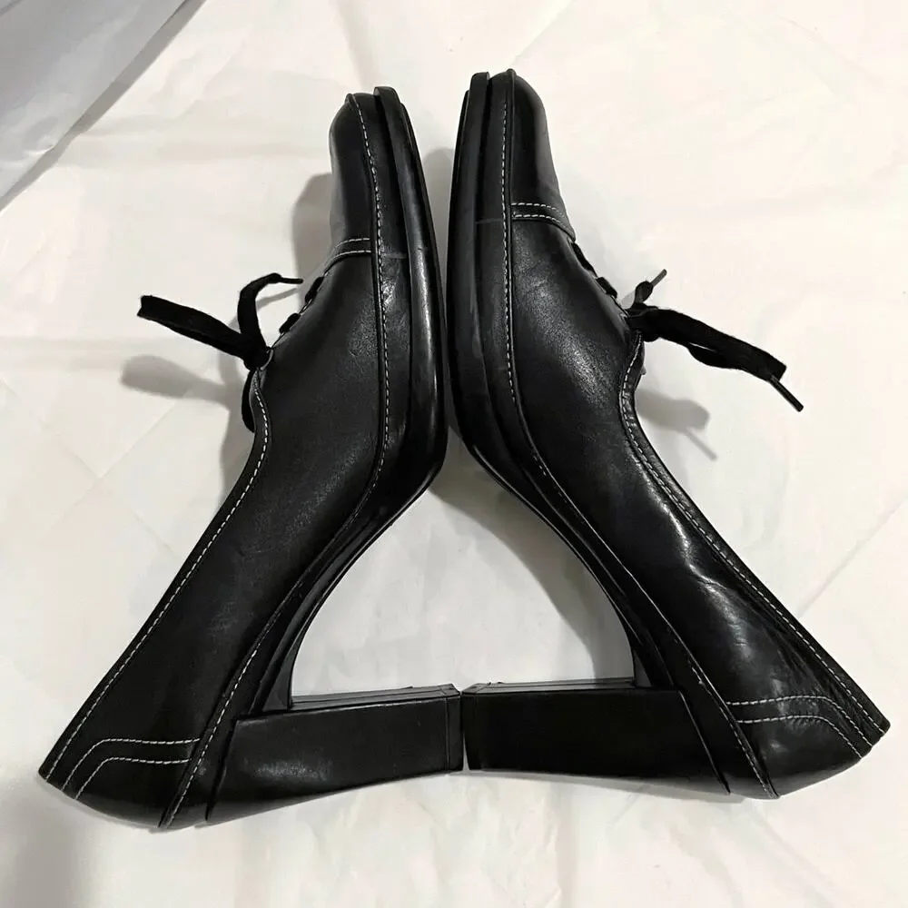 Vintage 90s Lace Up Oxford Size 8.5 Black Leather Square Toe Heels VS Macbeth - Picture 14 of 15
